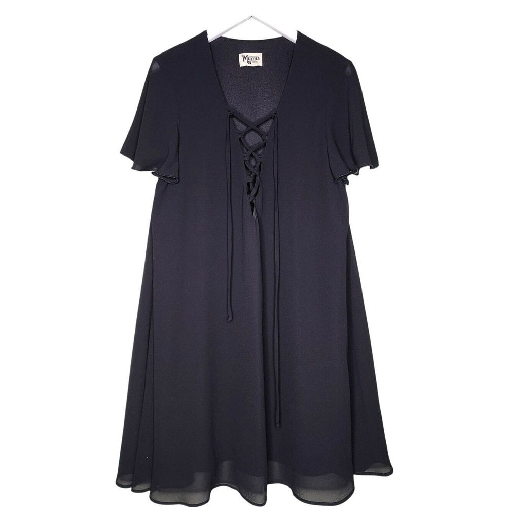 Show Me Your Mumu Black Swing Dress Short‎ Sleeve Lace Up Mini Witchy Goth USA S